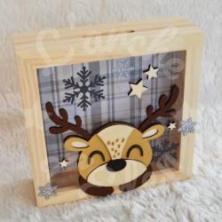 Tirelire Cerf et flocons de neige pour enfant en forme de cadre en bois et vitre transparente