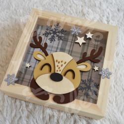 Tirelire Cerf et flocons de neige pour enfant en forme de cadre en bois et vitre transparente