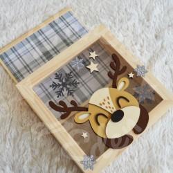 Tirelire Cerf et flocons de neige pour enfant en forme de cadre en bois et vitre transparente
