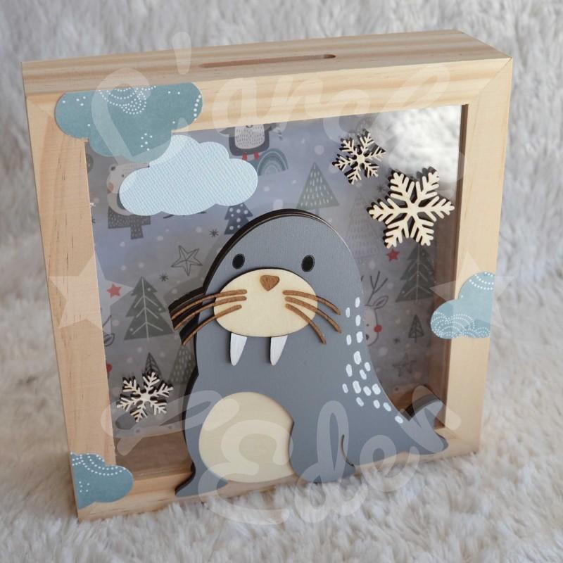 Tirelire Morse et flocons de neige pour enfant en forme de cadre en bois et vitre transparente