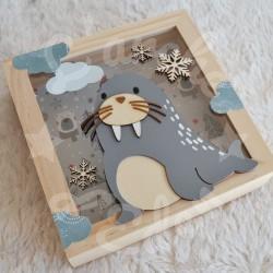 Tirelire Morse et flocons de neige pour enfant en forme de cadre en bois et vitre transparente