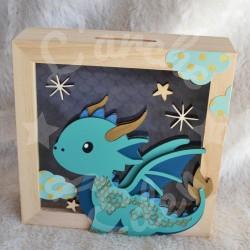 Tirelire Dragon pour enfant en forme de cadre en bois et vitre transparente