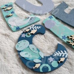 Prénom en bois pour décoration de chambre d'enfant ou cadeau de naissance avec baleine et animaux de la mer