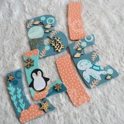 Prénom en bois pour décoration de chambre d'enfant ou cadeau de naissance avec baleine et animaux de la mer