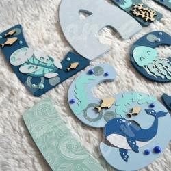 Prénom en bois pour décoration de chambre d'enfant ou cadeau de naissance avec baleine et animaux de la mer