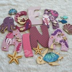 Prénom en bois theme sirène pour décoration de chambre d'enfant ou cadeau de naissance