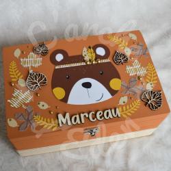 Boite à souvenirs de naissance personnalisée décoration ours brun en automne