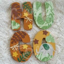Prénom en bois Eléphant et motif de la savane pour décoration de chambre d'enfant ou cadeau de naissance