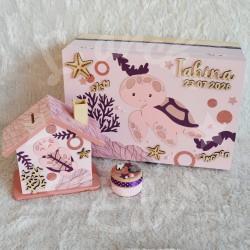 Cadeau de naissance thème tortue de mer, boite à souvenirs personnalisée avec une tirelire et boite a dents