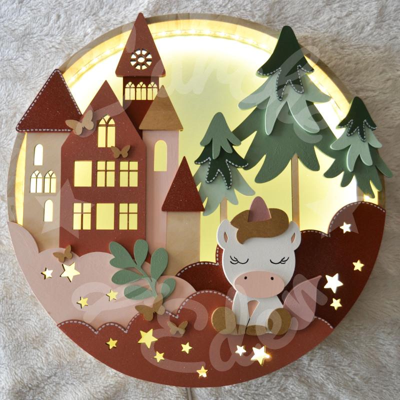 Veilleuse licorne et foret enchantée en bois pour chambre d'enfant